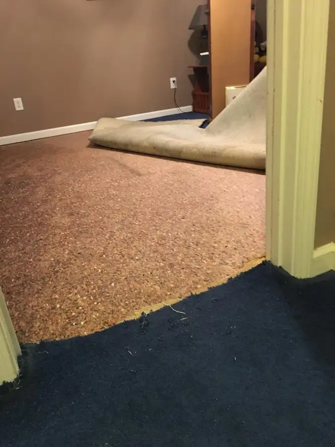 Carpet pad removal revealing water damage during Drying & Dehumidification in Juneau
